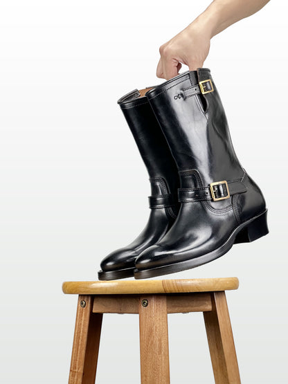 Engineer Boots 11" MTO- Black Maryam Horsebutt oiled and waxy with hand painting-2382