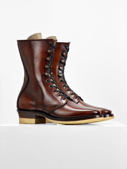 (MTO) - Stringer Boots 9 Eyelets - Hand Dyed Red Brown Horsebutt TPR-1809