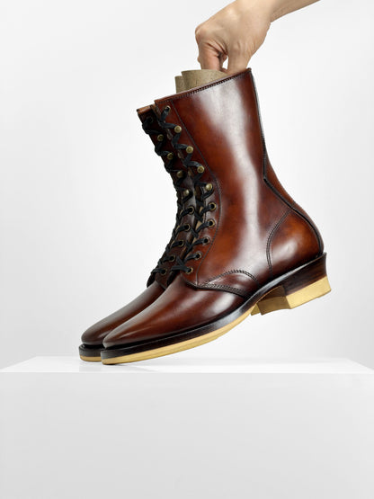 (MTO) - Stringer Boots 9 Eyelets - Hand Dyed Red Brown Horsebutt TPR-1809